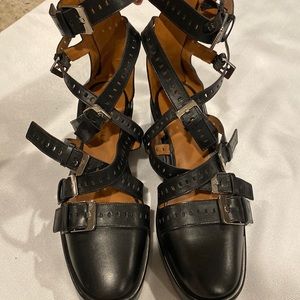 CLERGERIE Paris, Size-7 Black multi strap buckles with zipper back closure